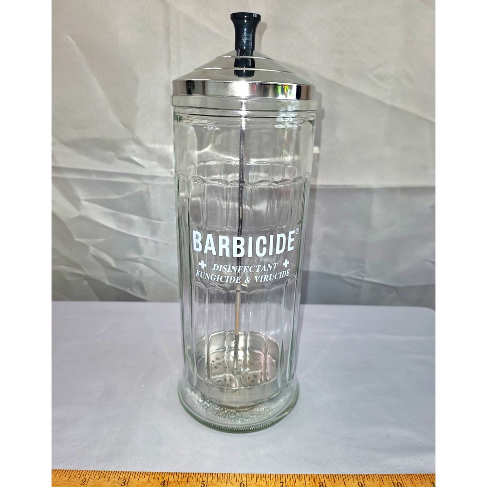 King Barbicide Clear Glass Disinfectant Jar Silver Metal Lid & Strainer Basket
